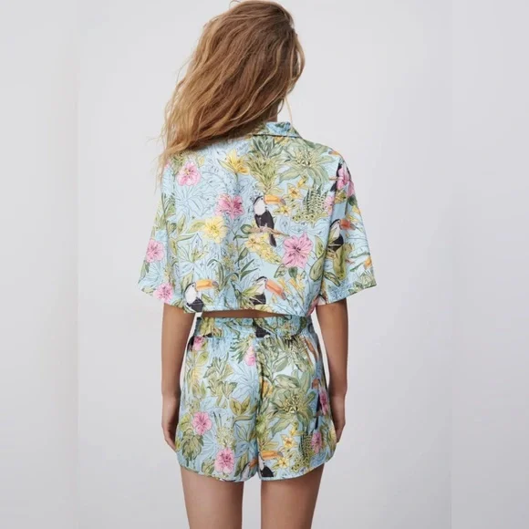 Zara Cropped toucan Tropic Floral Shirt Top - Picture 4 of 8